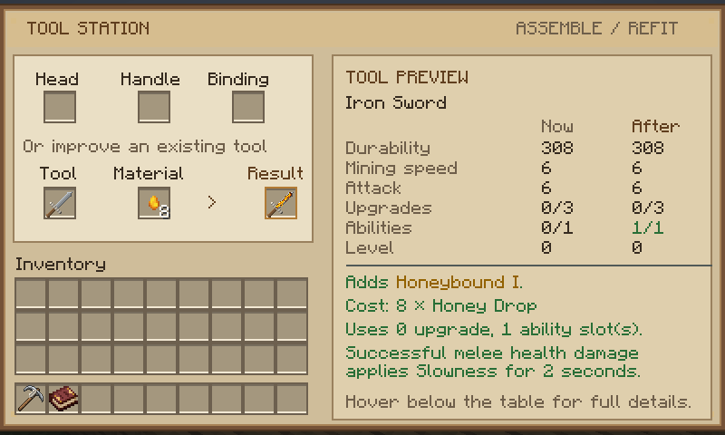 Tool Station adding Honeybound to an iron sword