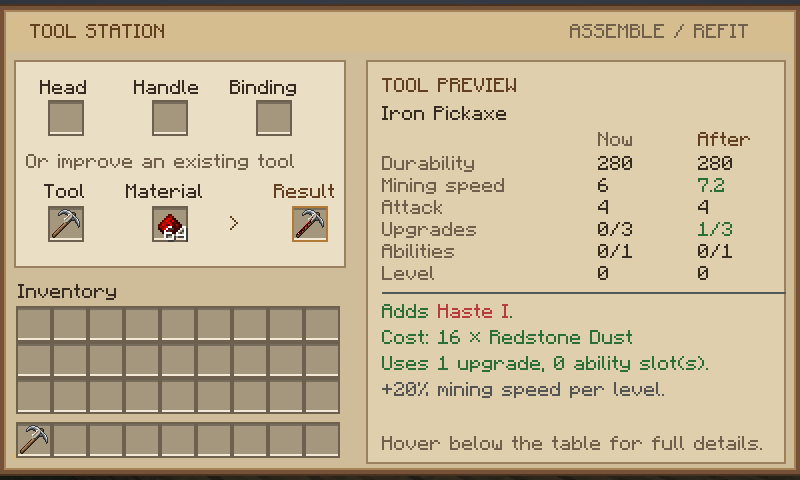 Tool Station adding Haste to an iron pickaxe