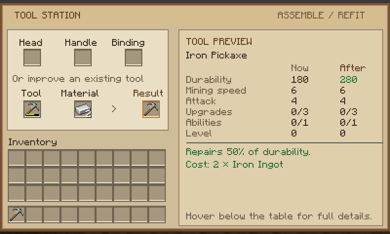 Tool Station repairing a pickaxe with iron ingots